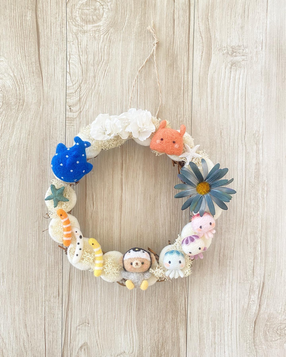 羊毛フェルト⭐︎くまさんと海のおともだちリース① リース 羊毛フェルト⭐︎くまさんと海のおともだちリース① リース