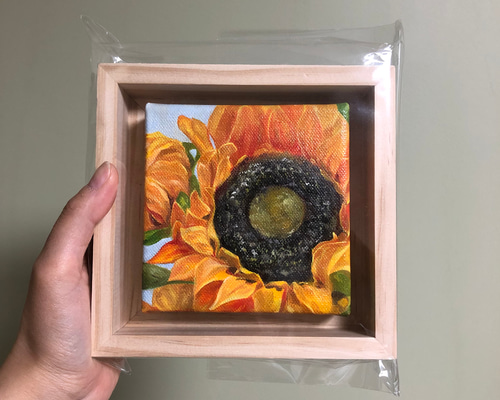 ひまわりの油彩画（フレーム付き） ひまわり 油彩画 金色フレーム 額縁