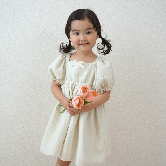 新作] 刺繍ガーゼの柔らかパフスリーブワンピース 子供服 B