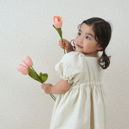 新作] 刺繍ガーゼの柔らかパフスリーブワンピース 子供服 B