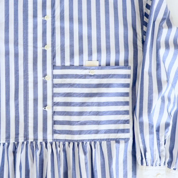 front gather blouse  (organic cotton blue stripe) 7枚目の画像