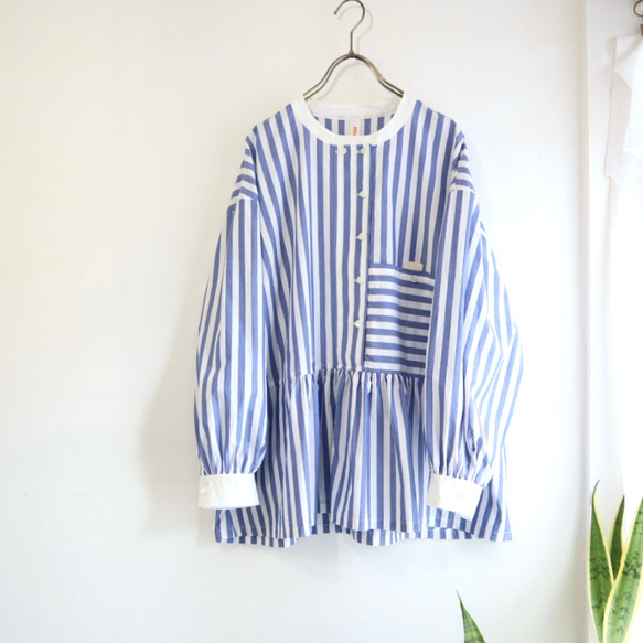 front gather blouse  (organic cotton blue stripe) 1枚目の画像