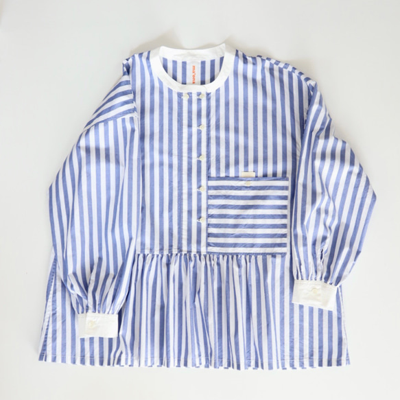 front gather blouse  (organic cotton blue stripe) 6枚目の画像
