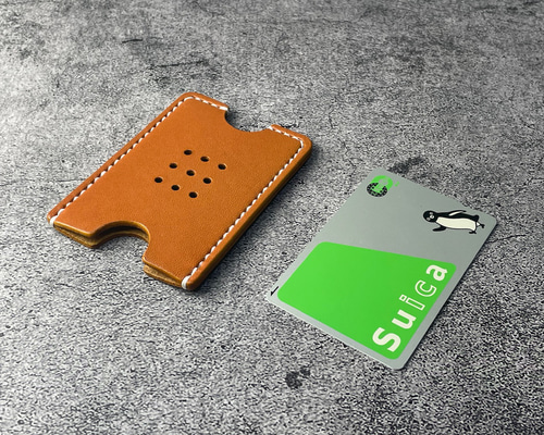 手縫】Suica・PASMO用キャメル色本革カードケース（生成り麻糸） パス