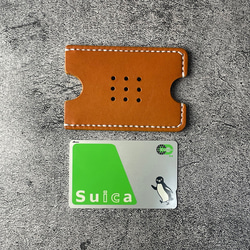 【手縫】Suica・PASMO用キャメル色本革カードケース（生成り麻糸） 9枚目の画像