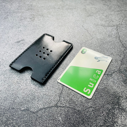手縫】Suica・PASMO用黒色本革カードケース（黒麻糸） パス