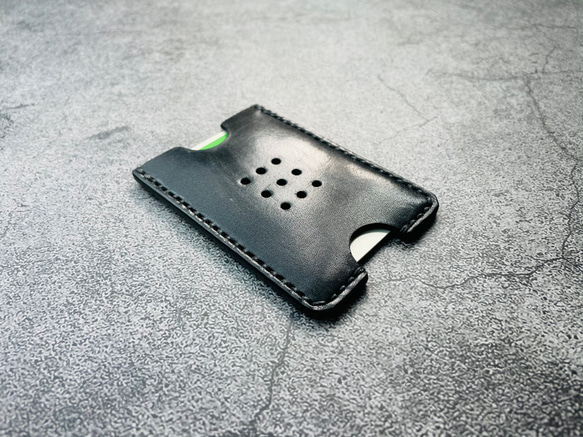 【手縫】Suica・PASMO用黒色本革カードケース（黒麻糸） 6枚目の画像