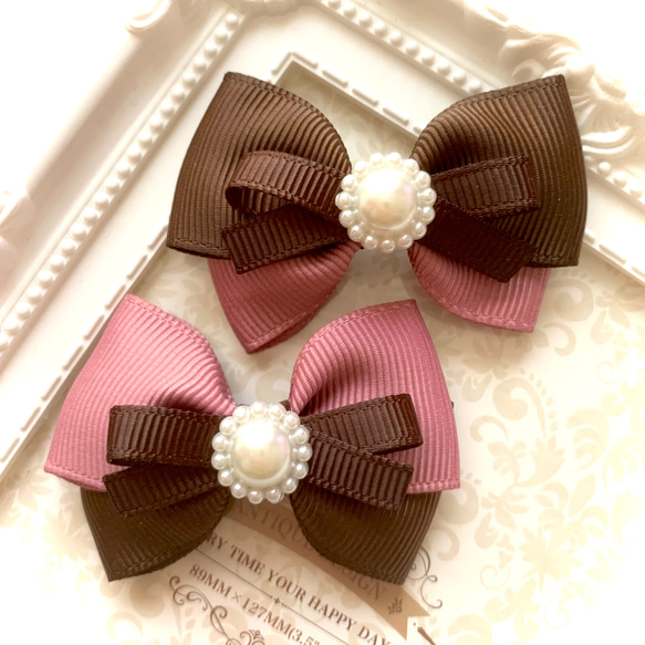 【オーダー♡いちごチョコダブルリボン】ヘアクリップ　ヘアゴム　ベビー　キッズ オーダー♡いちごチョコダブルリボン】ヘアクリップ ヘアゴム