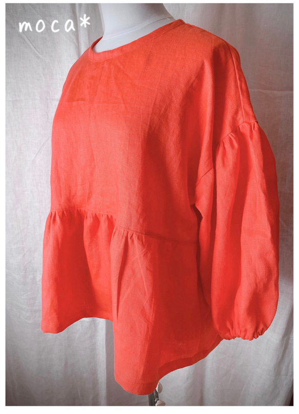 亞麻蓬鬆袖束腰上衣落肩★橙色 第13張的照片