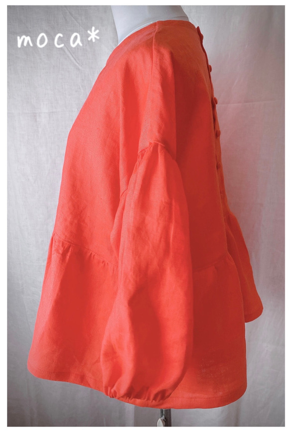 亞麻蓬鬆袖束腰上衣落肩★橙色 第14張的照片