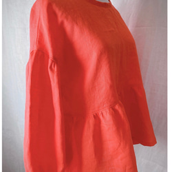 亞麻蓬鬆袖束腰上衣落肩★橙色 第17張的照片