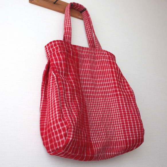 格紋亞麻 Shizuku 包（紅色） 第3張的照片