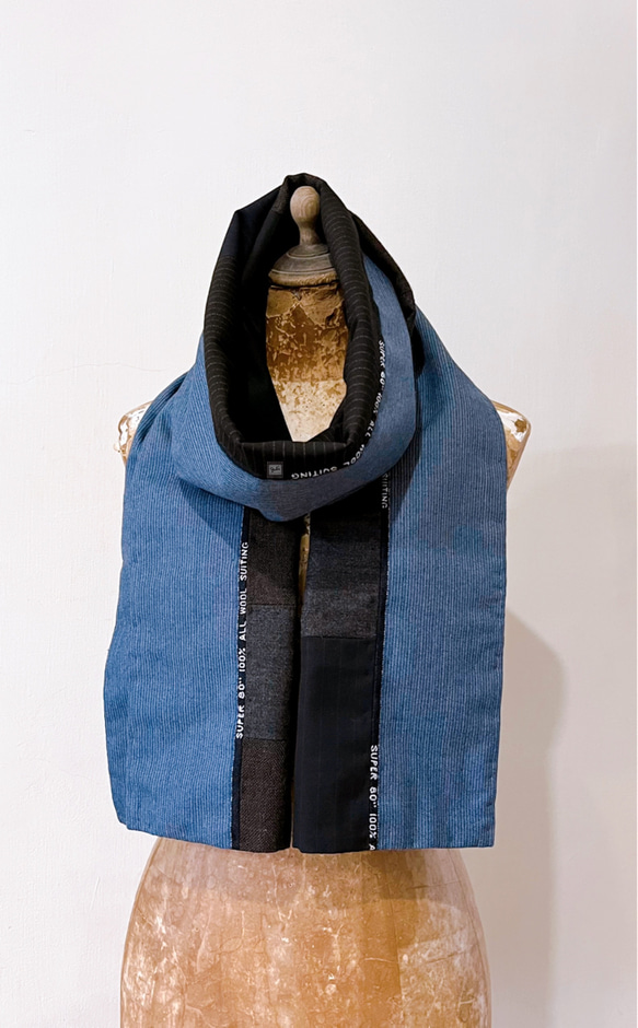 スカーフNo.316*偶爾著運動風的西裝男士*設計師手作古董西裝毛料拼接藍咖啡色塊撞色圍巾 披肩 第8張的照片
