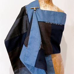 スカーフNo.316*偶爾著運動風的西裝男士*設計師手作古董西裝毛料拼接藍咖啡色塊撞色圍巾 披肩 第9張的照片