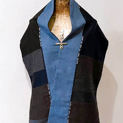 スカーフNo.316*偶爾著運動風的西裝男士*設計師手作古董西裝毛料拼接藍咖啡色塊撞色圍巾 披肩 第2張的照片