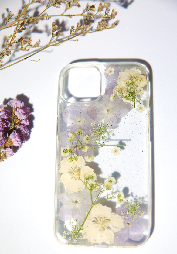 全機種対応iPhone Xperia Galaxy  押し花ケース 人気 押し花 ❀ケース 花束 花物語 1枚目の画像