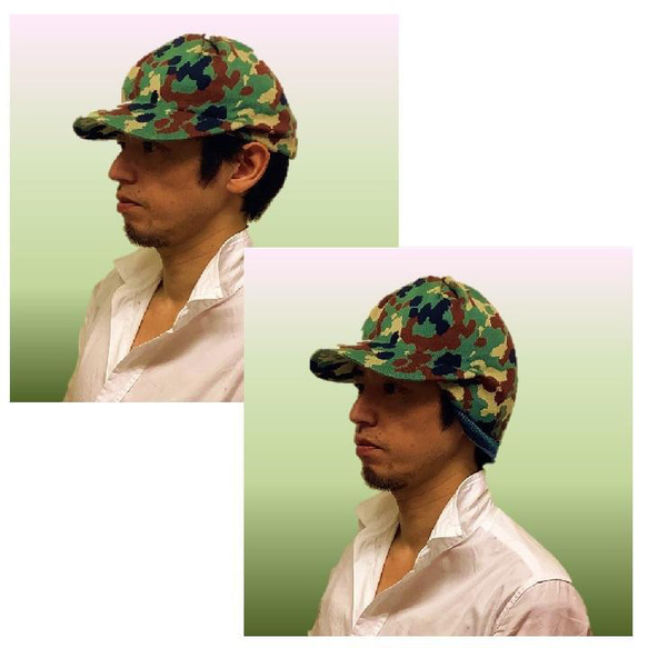 迷彩柄マスク　ロンフレッシュ加工　ニットジャガードキャップ　帽子　グリーン系 7枚目の画像