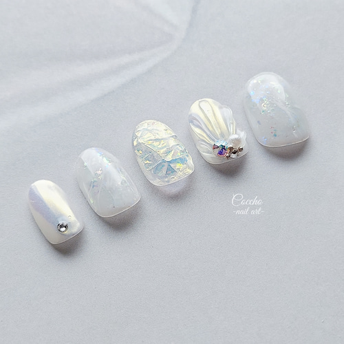 No.58 マーメイドネイル ホワイト 白 オーロラネイル 夏 人魚 貝殻