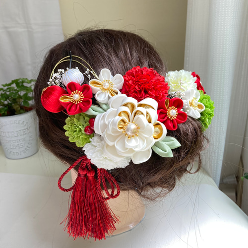 成人式髪飾り つまみ細工 結婚式 打ち掛け 白 赤 金 かんざし