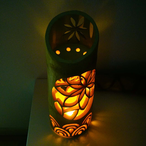 竹灯籠　竹灯り   ロウソクの揺らぎ　両面彫り 竹ランプシェイド 　〜和牡丹〜 竹灯籠 竹灯り ロウソクの揺らぎ 両面彫り 竹ランプシェイド 〜〜陽炎