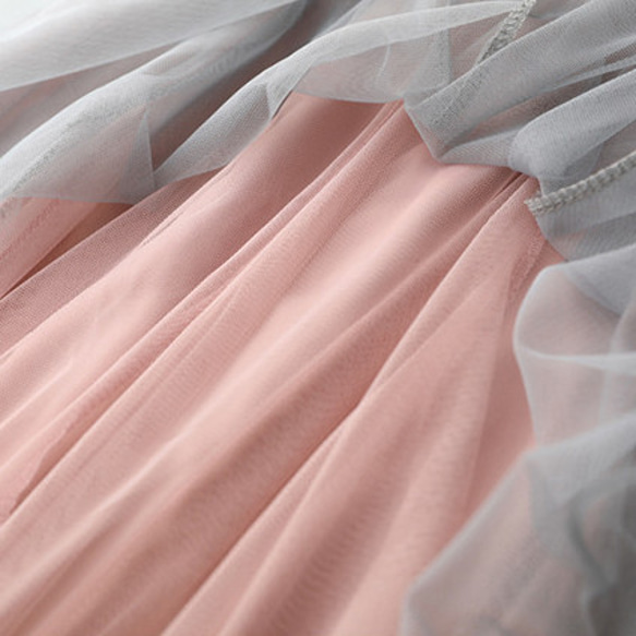 グレーxピンク ダブルチュールのスカート プリーツスカート 7枚目の画像