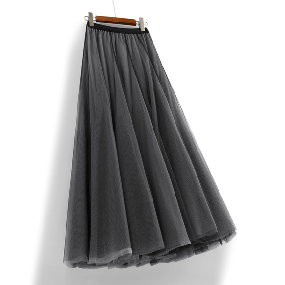 ブラックxグレー ダブルチュールのスカート プリーツスカート 2枚目の画像