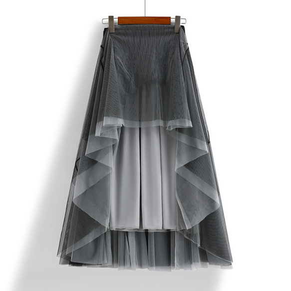 ブラックxグレー ダブルチュールのスカート プリーツスカート 3枚目の画像