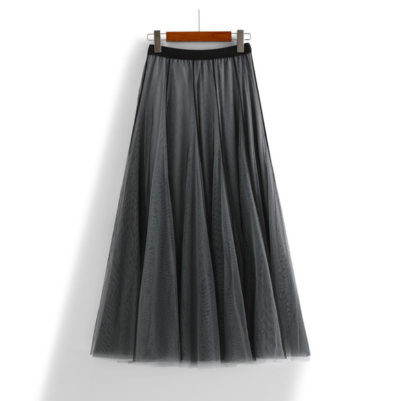 ブラックxグレー ダブルチュールのスカート プリーツスカート 1枚目の画像