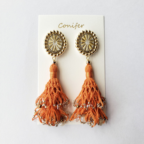 ビーズ刺繍2段タッセルイヤリングorピアス(オレンジ)/No.22-0507