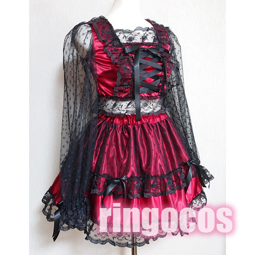 アイドル衣装 ワインレッド×黒 長袖 編み上げリボン オリジナル  