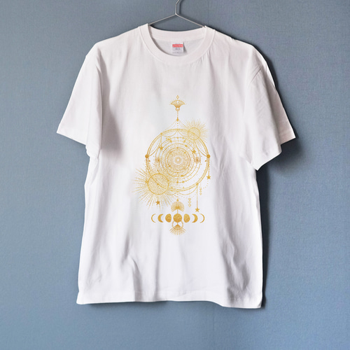 天体観測・月の満ち欠け Tシャツ ゴールド WHITE（men&women） T