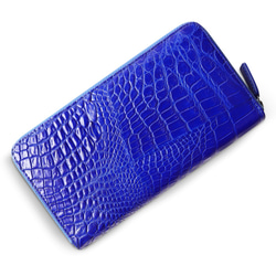 シャムクロコ（クロコダイル革）レディース・メンズ財布 ラウンドファスナー ブルー 1枚目の画像