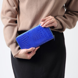 シャムクロコ（クロコダイル革）レディース・メンズ財布 ラウンドファスナー ブルー 3枚目の画像