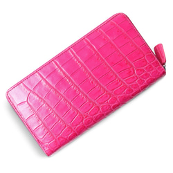 シャムクロコ（クロコダイル革）レディース・メンズ財布 ラウンドファスナー ピンク 1枚目の画像
