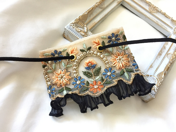 インド刺繍 リボン ポニーフック ラップリボン リボンラップ ブラック