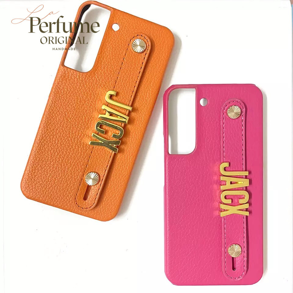 名入れ♡イニシャル レザー ストラップケース オリジナルケース Androidケース オレンジ ベルト付き