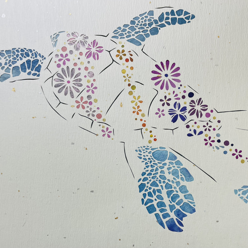 カメ 和紙入りカラフル切り絵 切り絵 taru 通販 14018538｜Creema
