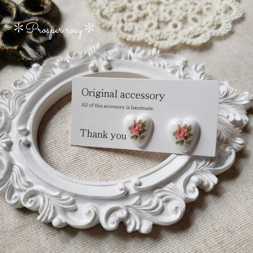 ヴィンテージ陶器の薔薇ハート♡プチピアスorイヤリング＊ ピアス 