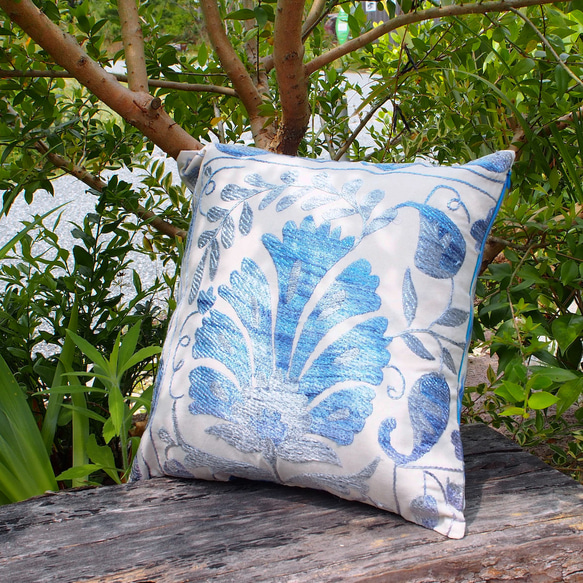 ウズベキスタン製 シルク スザニ刺繍 クッションカバー 60×49 SZN719