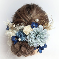 髪飾り 成人式 卒業式 結婚式 ドライフラワー 青 水引 ダリア パール RC04 2枚目の画像