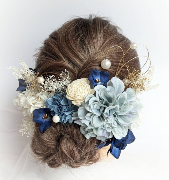 髪飾り 成人式 卒業式 結婚式 ドライフラワー 青 水引 ダリア パール RC04 2枚目の画像