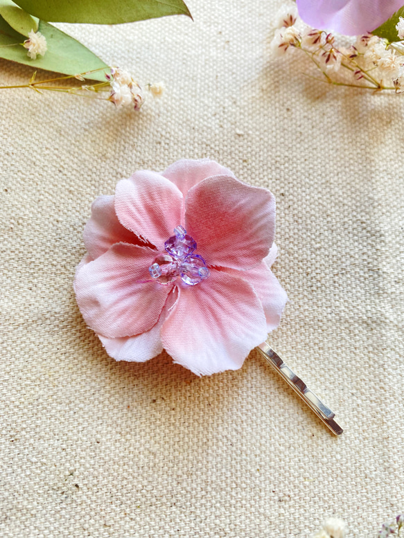 【送料無料】紫陽花のヘアピン　ピンク　シルバー 4枚目の画像