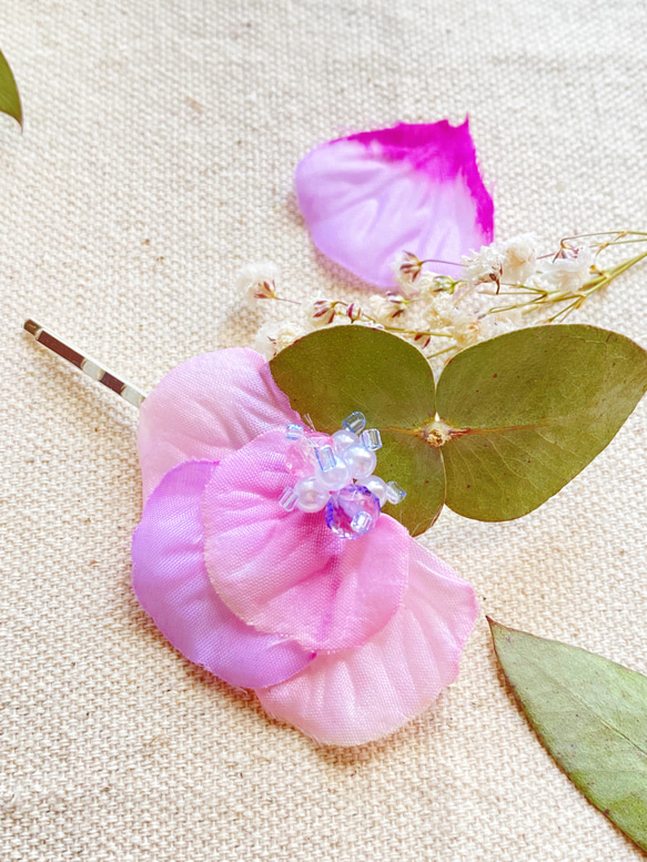 【送料無料】紫陽花のヘアピン　ピンク　シルバー　 4枚目の画像