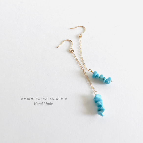 スリーピングビューティーターコイズのピアス 14kgfワイヤーラップ