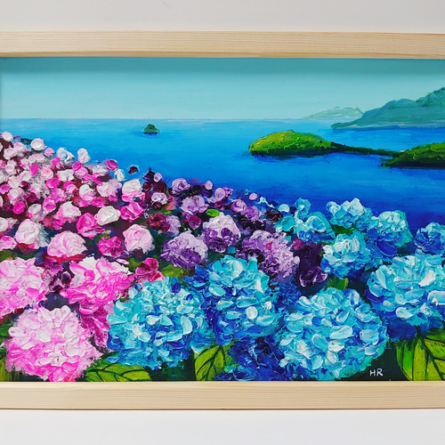 油絵 絵画 海の紫陽花畑【A4】 絵画 HR 通販 14019356
