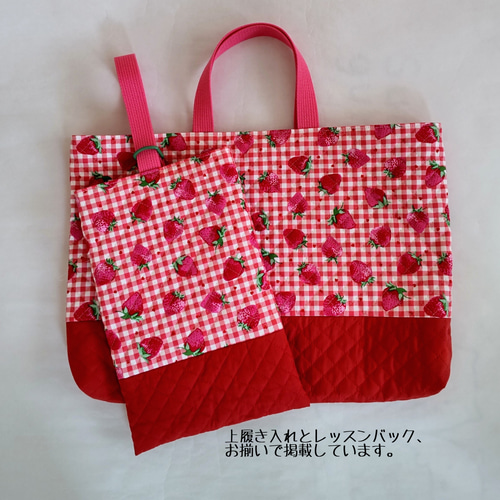 ◇31cm×45cmサイズ☆*。いちご×ギンガムチェック レッスンバック