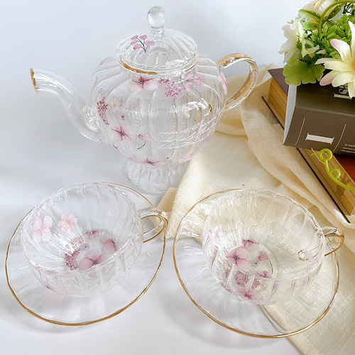 ピンクフラワーのガラスティーセット ティーカップ Atelier ピンクフラワーのガラスティーセット ティーカップ Atelier