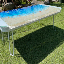 折りたたみガラスセンターテーブル　ブルームーンビーチ   珊瑚のラグーン　SEA  table リビングテーブル 2枚目の画像