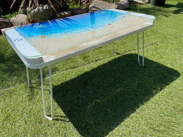 折りたたみガラスセンターテーブル　ブルームーンビーチ   珊瑚のラグーン　SEA  table リビングテーブル 2枚目の画像
