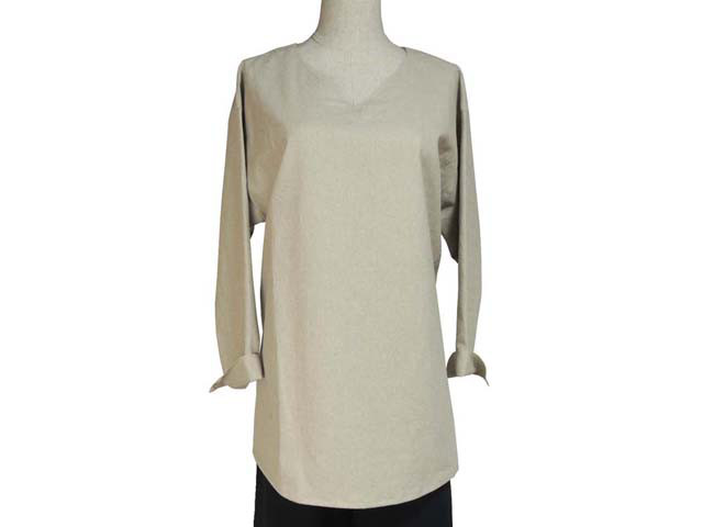 綿麻VネックTブラウス　チュニック丈/長袖/ベージュ